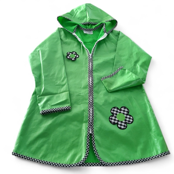 Cach Cach Other - Vintage Kids Raincoat Cach Cach Green With Floral Accents / Checkered Trim